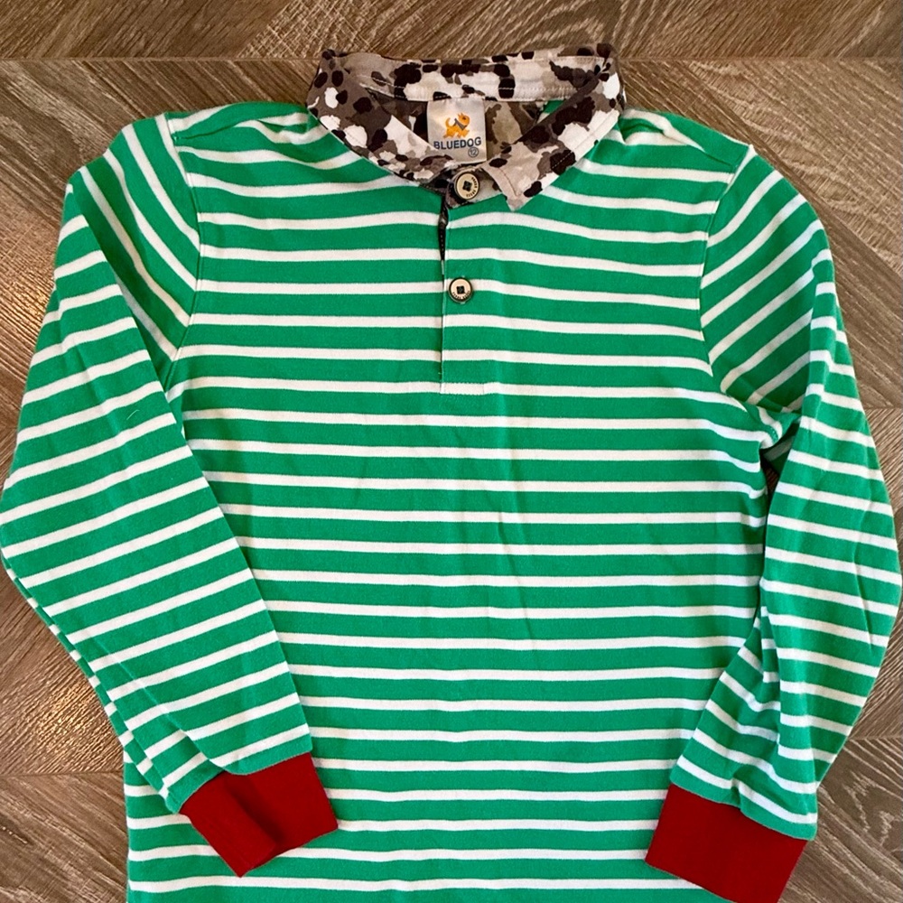 Bluedog Size 12 Green Long Sleeve Polo Striped Kids Shirt